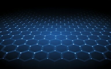 Naklejka premium Abstract hexagonal grid pattern, dark blue technology background, digital network connection, futuristic design, glowing nodes, geometric shapes, modern backdrop, perspective