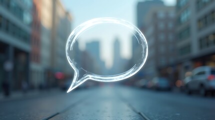 A modern vector emblem presents a translucent thought bubble, rendered with realistic light effects and subtle distortions, floating over a blurred cityscape.