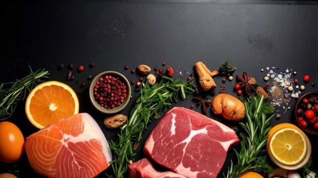 Arrangement of Raw Meat, Salmon, and Fresh Produce on Dark Surface. Culinary theme with assorted ingredients like rosemary, garlic, citrus, and spices.