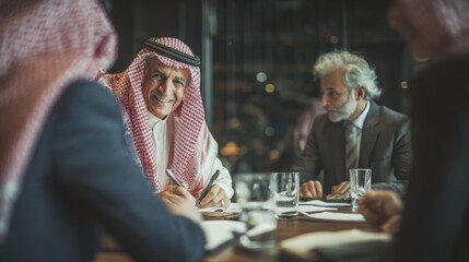 Business Meeting with Middle Eastern and Western Men Discussing in Modern Conference Room