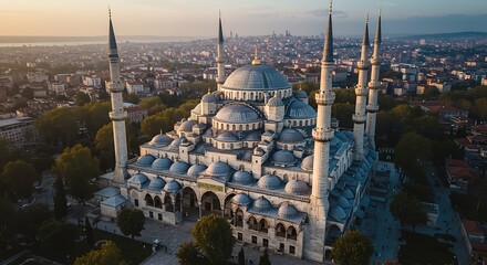 Sacred Morning at the grand Mosque: A New Beginning on 1 Muharram, Aerial View of the Blue Mosque at Sunset — Historic Ottoman Landmark in Istanbul