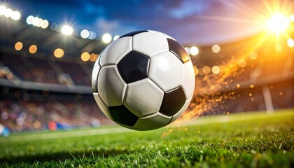Dynamic Soccer Ball in Stadium Spotlight Action Shot.