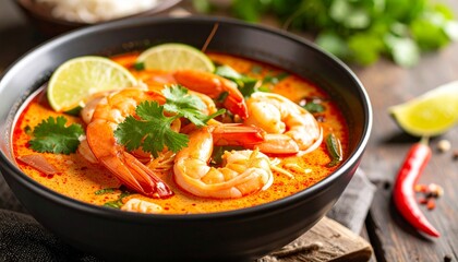 Delicious Spicy Shrimp Soup in Black Bowl with Lime.