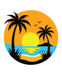 Tropical Sunset Beach with Palm Trees, Birds and Ocean &ndash; Summer T-Shirt Design. A vibrant tropical beach illustration featuring a bright yellow sunset over the ocean, two coconut palm trees
