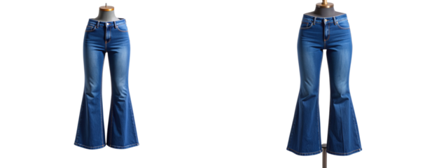 Dark denim bell-bottom jeans on mannequin with dramatic lighting Transparent Background PNG
