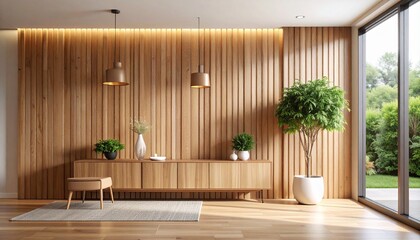 Serene Minimalist Living Room with Wooden Wall and Plants.