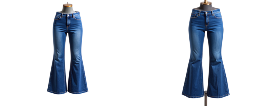 Dark denim bell-bottom jeans on mannequin with dramatic lighting Transparent Background PNG - Powered by Adobe