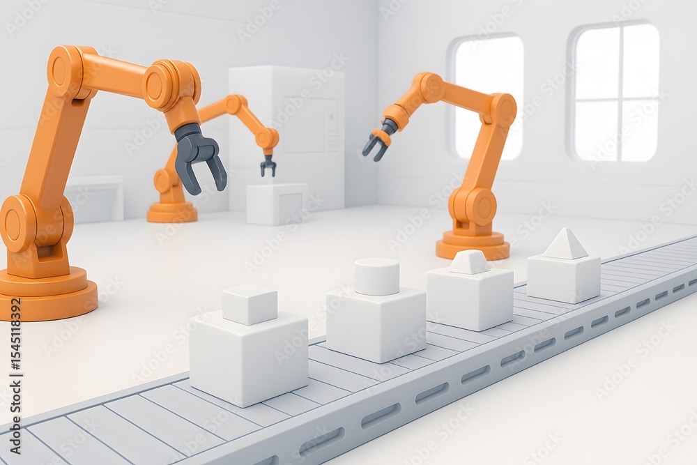 Aufkleber robotic arms in modern factory handling different geometric shapes
