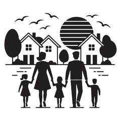 Happy Family Walking Together Silhouette Vector