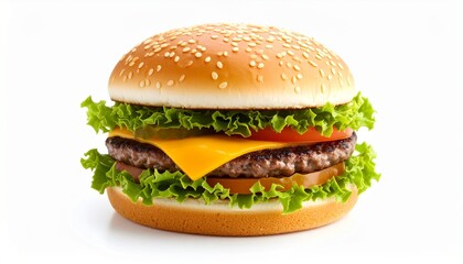 Juicy Cheeseburger on Sesame Seed Bun Isolated White Background.