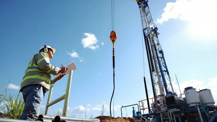 Construction worker observing a suspended crane hook against clear blue sky with steel structure in background. Concept of industrial labor and safety - Powered by Adobe