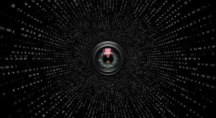 Camera eye surrounded by floating personal data elements, conceptual image of surveillance, digital control, and loss of privacy, abstract visual metaphor for monitoring, tracking and data exposure
