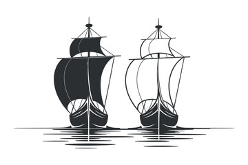 Two Vintage Viking Longships Silhouetted on Water