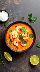 Delicious Spicy Shrimp Soup in Black Bowl Top View.