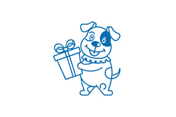 An adorable spotty cartoon dog gleefully holds a blue gift box outline tightly