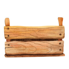 Watercolor illustration of a wooden box for storing harvest. The container is hand drawn. Basket of vegetables and mushrooms on a white background