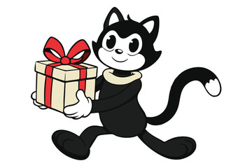 Black retro cartoon cat is cheerfully holding present with red ribbon for celebration