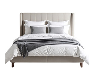 Minimalist Modern Bed with Upholstered Headboard and Low Footboard, Front View, Transparent Background