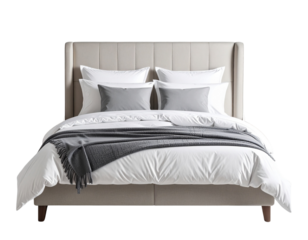 Minimalist Modern Bed with Upholstered Headboard and Low Footboard, Front View, Transparent Background