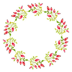 Autumn round frame with watercolor leaves and berry on a white background. Plants are arranged in a circle. Hand drawn illustration for your design, print, textile