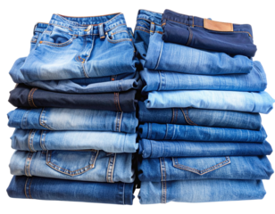 Messy Pile of Blue Jeans in Different Shades and Folds, Top View, Transparent Background