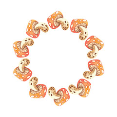 Autumn round frame with watercolor mushrooms and leaves on a white background. Plants are arranged in a circle. Hand drawn illustration for your design of postcards, cards, prints