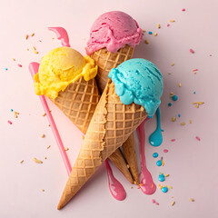 Ice cream cone with three colorful scoops, slightly melting.