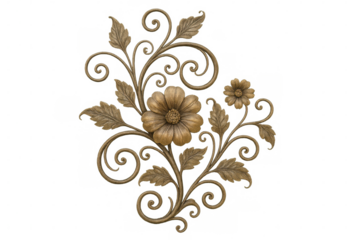 Golden floral ornament with leaves and spirals creating a sophisticated design element, isolated on a transparent background