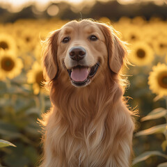 Happy Golden Retriever in Sunflower Garden &ndash; Bright Yellow Background with Cute Dog