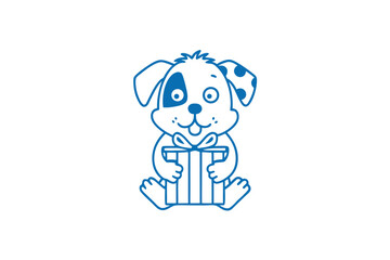 Blue cartoon puppy dog holds a striped birthday gift tied with a ribbon sweetly