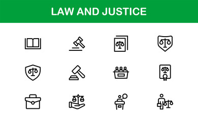 Law and Justice Icon Set in Vector Style Featuring Legal Symbols, Courtroom Elements, and Attorney Tools