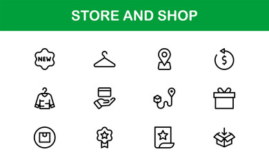 Modern Store and Shop Icons Featuring Retail, Checkout, and E-commerce Graphics in Line Style