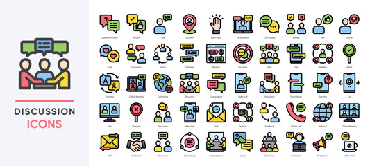 Obraz premium Discussion icons collection set, featuring meetings, chats, calls, opinions, and collaboration. Ideal for presentations, forums, video calls, teamwork, and communication platforms.