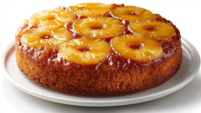 Pineapple upside down cake with caramelized pineapple rings on white plate, delicious and sweet dessert