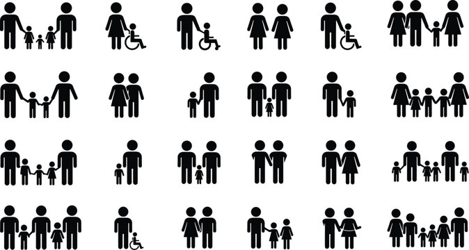 Diverse Family and People Silhouettes Set Traditional, Single Parent, Same-Sex, Mixed Generations, and Disability Representation, Illustrating Inclusivity, Parenthood, and Relationships