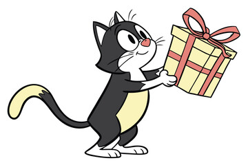Cartoon cat with a gift box is giving the viewer an adorable surprise