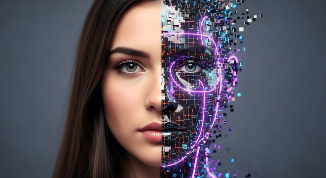 Half of a woman's face combined with a digital circuit board and glowing lines. Concept of artificial intelligence and digital transformation
