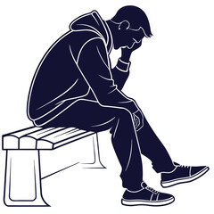  silhouette sad and tired man sitting on a bench on white background