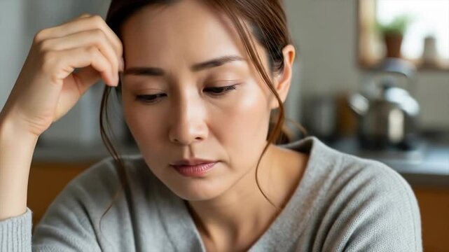 キッチンで物思いにふける悩みを抱える女性