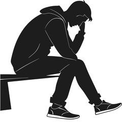  silhouette sad and tired man sitting on a bench on white background