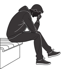  silhouette sad and tired man sitting on a bench on white background