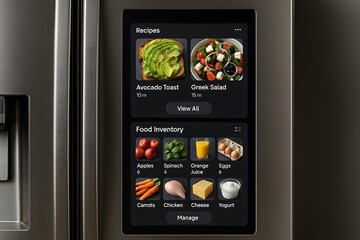 A modern smart refrigerator's touchscreen, showcasing fresh food and recipe suggestions, offers a glimpse into a tech-infused kitchen environment.