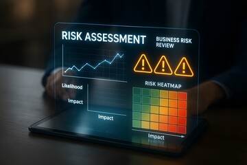 Risk assessment analysis shown on a digital tablet screen.  A person's hands are visible interacting with the screen, showcasing charts, graphs, and warning signs.
