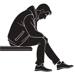  silhouette sad and tired man sitting on a bench on white background