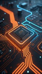 Closeup of illuminated microchip on circuit board