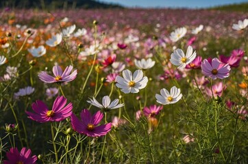 Obraz premium A scenic meadow of colorful flowers thriving under the peaceful light of the morning sunrise.