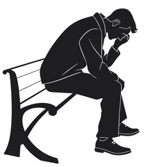  silhouette sad and tired man sitting on a bench on white background