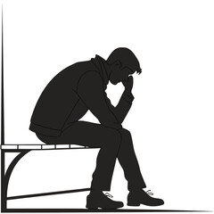  silhouette sad and tired man sitting on a bench on white background