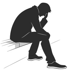  silhouette sad and tired man sitting on a bench on white background