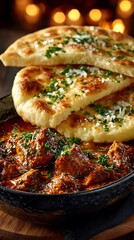 Delicious lamb curry served with naan bread.